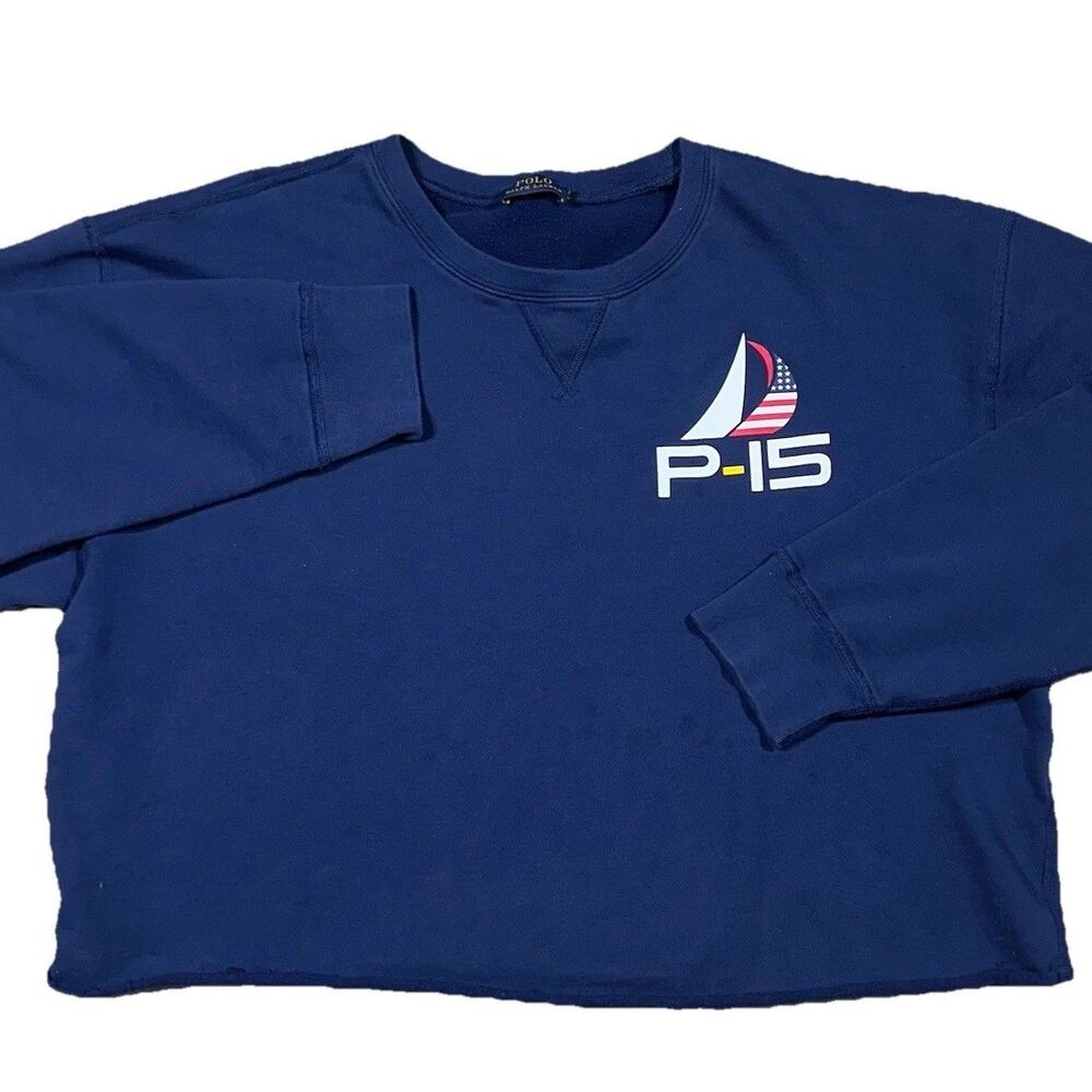 Polo Ralph Lauren Women's Navy P-15 Crop Crew Neck Sweatshirt Size Large Y2K